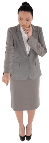 Focused Asian Businesswoman Considering on Transparent Background