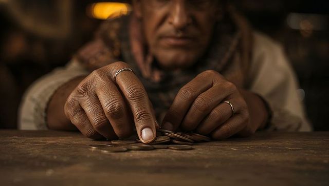 Counting copper coins with weathered hands stacking small change on rustic wooden table