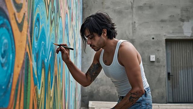 Muralist painting vibrant abstract mural on concrete wall in urban alley with tattoos