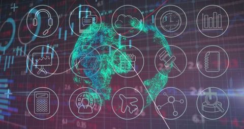 Digital Globe with Technological Icons and Rolling Graphs