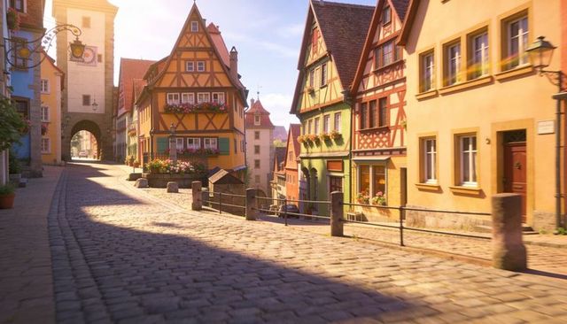 Sunlit cobblestone street with colorful half-timbered houses and flower boxes
