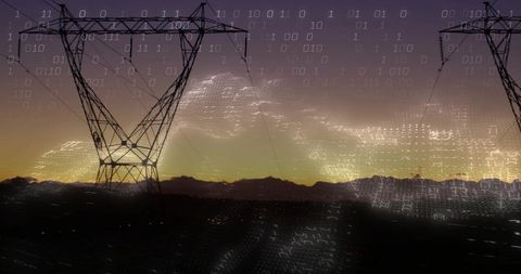 Dominating transmission tower standing at dusk with digital binary network overlay