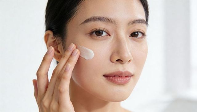 Asian woman applying moisturizer with fingertips close-up skincare routine, gentle glow