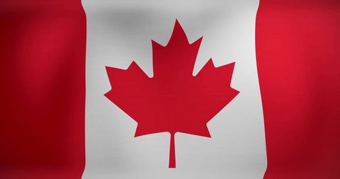 Waving canadian flag centered maple leaf closeup red white fabric texture