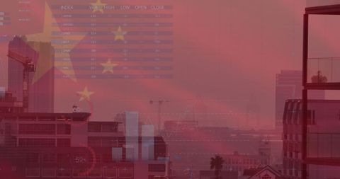 China Flag with Financial Data and Cityscape Influence