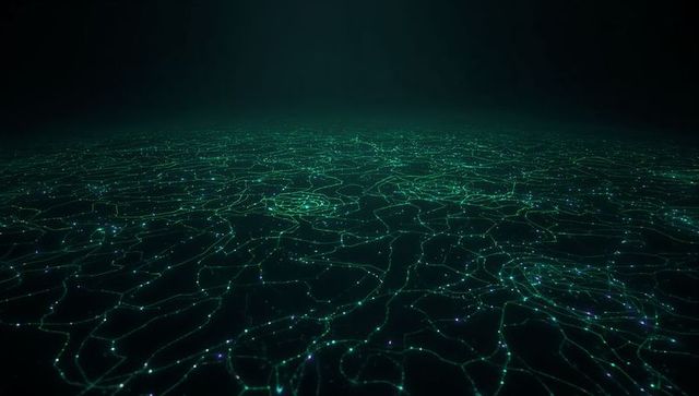 Glowing neural network grid spreading across dark digital plane with teal nodes and sparks