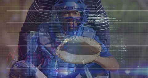 Baseball catcher with futuristic analytics overlay
