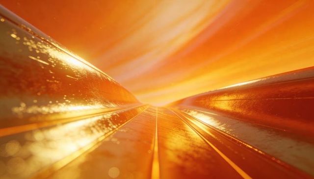 Converging golden tracks guiding light through reflective abstract corridor