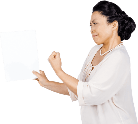 Transparent Angry Woman Holding Blank Paper and Clenching Fist