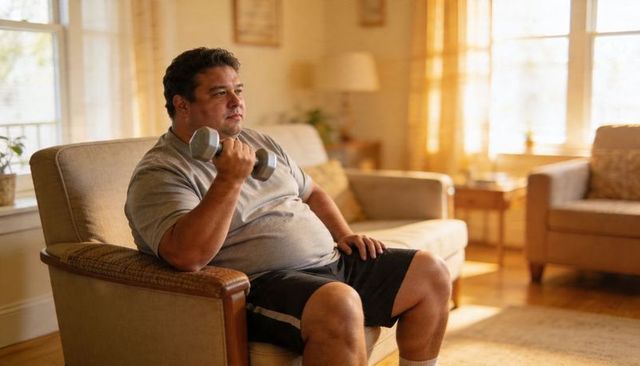 Hispanic man doing seated dumbbell curl in sunlit living room