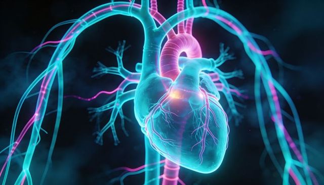 Translucent Heart Pulsing with Glowing Aorta and Coronary Vessels Neon Medical Illustration