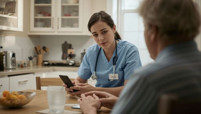 Home visit nurse consulting senior at kitchen table with smartphone and stethoscope