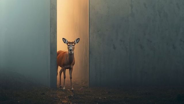 Solitary deer in mysterious concrete corridor illuminated by warm light