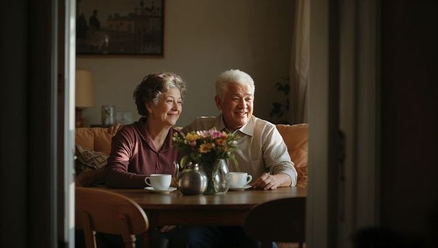 Senior couple sharing morning tea in cozy sunlit dining nook, warm intimate home moment