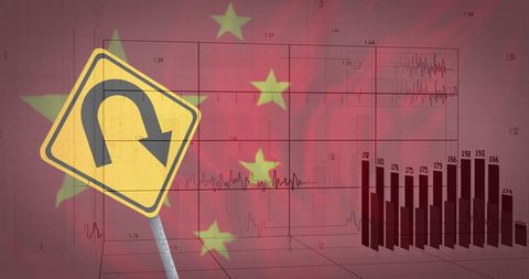 China Financial Downturn with U-Turn Sign and Flag Symbolism
