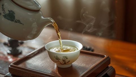 Pouring amber tea from porcelain teapot into floral teacup on wooden tray