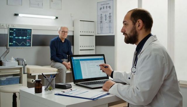Physician updating electronic medical record on laptop during patient consultation
