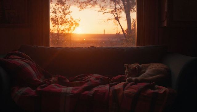 Cozy living room with sleeping cat and sunset view