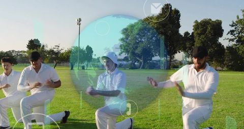 Kneeling men performing synchronized lunges on turf with hud overlays and sports tech