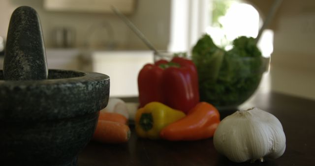 Fresh Vegetables on Kitchen Counter with Mortar and Pestle - Download Free Stock Images Pikwizard.com