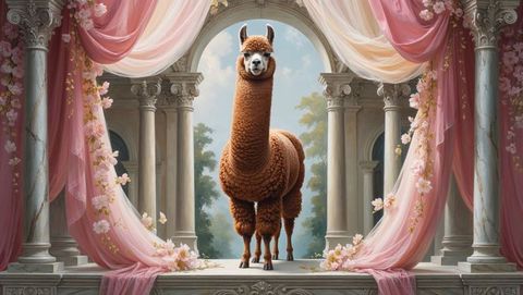 Majestic brown llama in opulent marble archway with pastel drapery