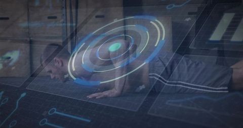Mid-adult athlete performing push-up with futuristic hud fitness telemetry data overlay