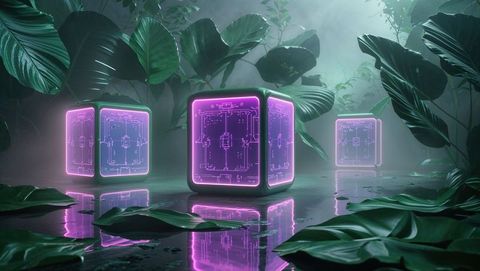 Futuristic neon holographic cubes in misty jungle