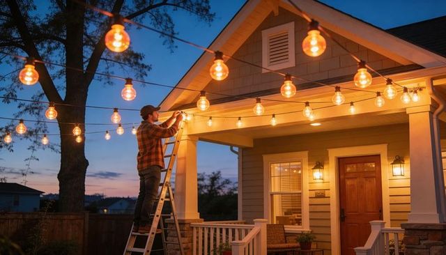 Man hanging globe string lights on front porch at dusk creating warm cozy outdoor ambience