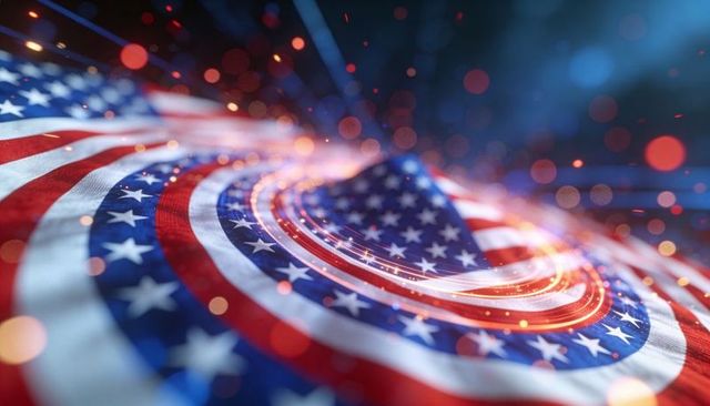 Swirling american flag spiral with bokeh sparks and glowing red-white-blue motion abstract