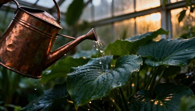 Copper watering can pouring water over shiny hosta leaves backlit greenhouse morning