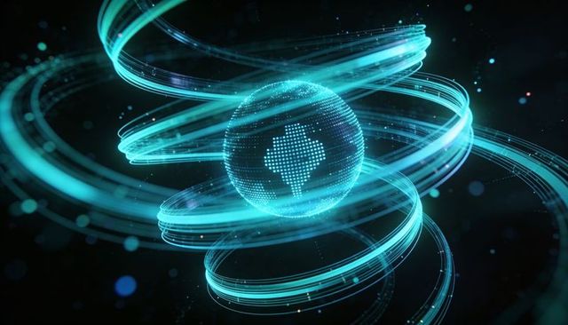 Holographic digital globe with swirling neon ribbons and data particles for tech