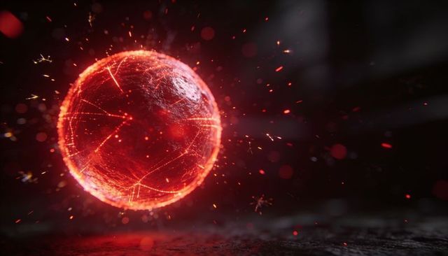 Glowing red energy orb emitting sparks and particle lattice over dark surface