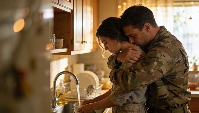 Military man embracing partner while washing dishes in sunlit kitchen, intimate homecoming
