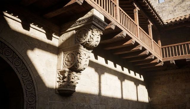 Sunlit medieval courtyard featuring carved stone corbel and timber balcony casting shadows