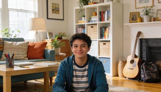 Teenager studying on living room rug with guitar and cozy sunlit interior