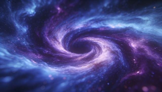 Violet-blue spiral vortex rotating around dark cosmic void with luminous nebula arms