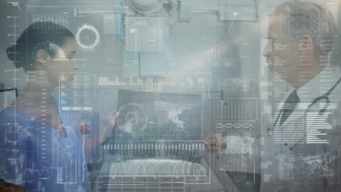 Business Professionals Analyzing Financial Data Interface