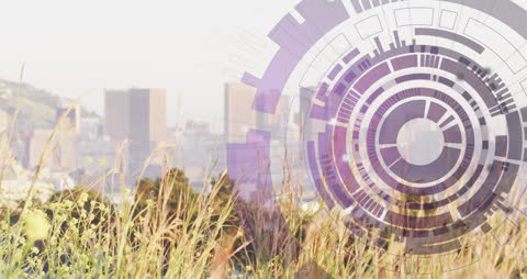 Digital Interface Overlay with Cityscape Background