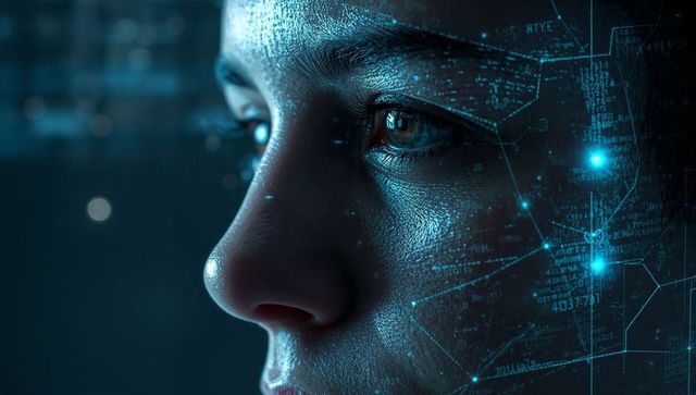 Gazing adult female scanning holographic facial data with ai interface and node graphs
