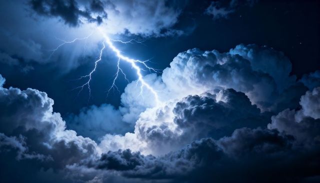 Forked Lightning Illuminating Cumulonimbus Clouds at Night, Dramatic Thunderstorm Scene