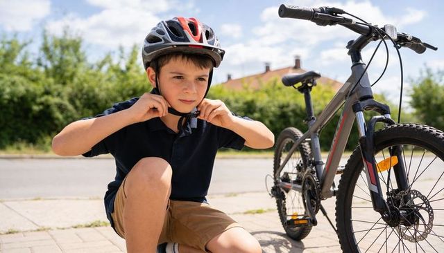 Young boy fastening helmet strap beside bicycle on suburban sidewalk preparing for safe summer ride