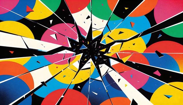 Exploding Color Burst with Black Starburst and Radial Shards over Multicolor Circles
