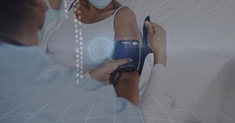 Nurse adjusting blood pressure cuff on elderly patient with digital telehealth hud overlay