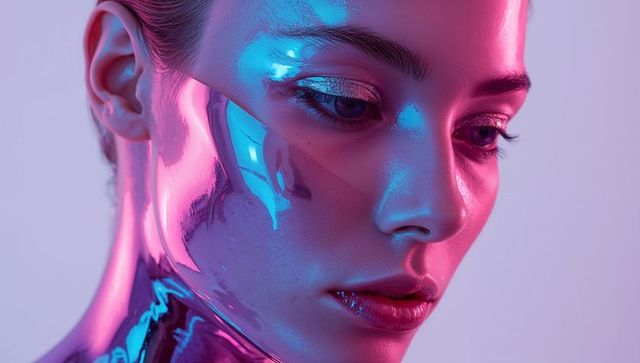 Iridescent chrome beauty portrait with cyan magenta lighting and reflective makeup