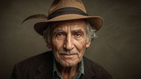 Elegant old people with felt fedora and feather, vintage portrait