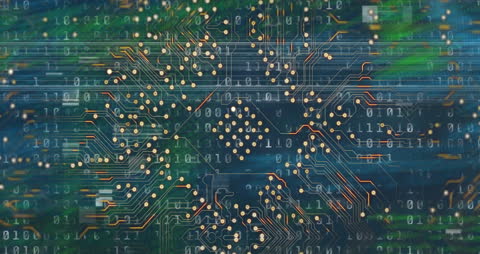 Complex Interconnected Circuit Board and Binary Code Animation