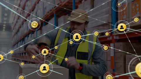Warehouse Worker Handling Packages in Connected Global Network