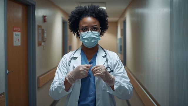 Doctor putting on gloves in hospital corridor wearing mask scrubs lab coat and stethoscope