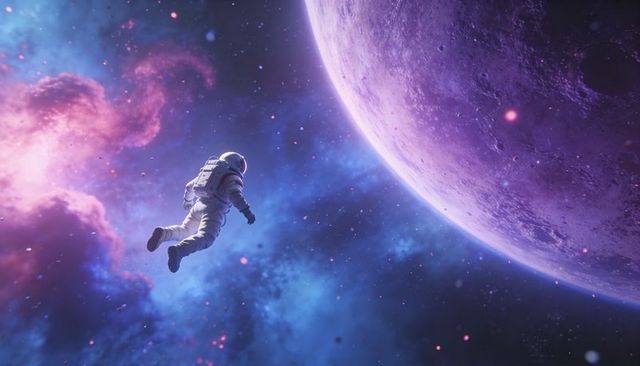 Astronaut floating past massive purple planet over neon nebula with glowing starfield