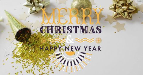 Festive Christmas and New Year Greeting Card Over Party Decorations